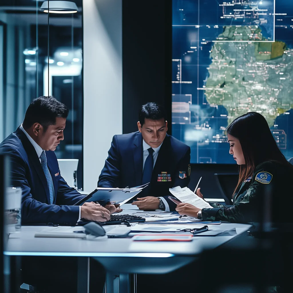 Expertos en seguridad realizando un análisis de gestión de riesgos empresariales en sala de operaciones