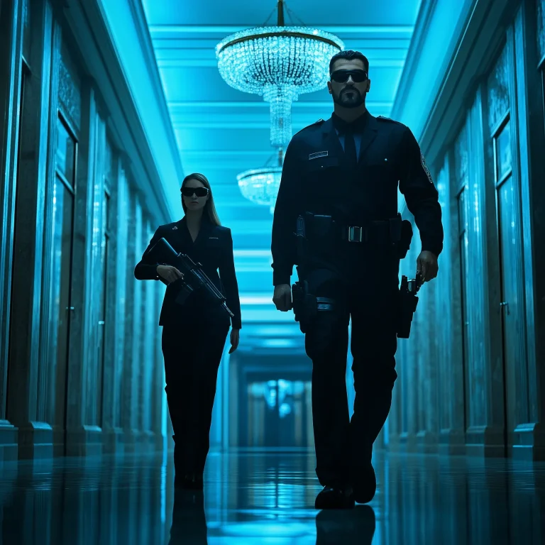 Equipo de seguridad brindando protección a personas muy importantes en un entorno corporativo, con guardias armados