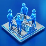 Ícono de dinamismo y cooperación con trabajadores de obra trabajando en equipo