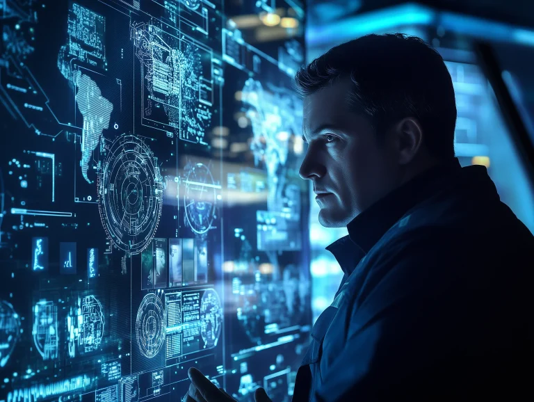 Investigador de seguridad analizando un caso de robo empresarial en un tablero digital